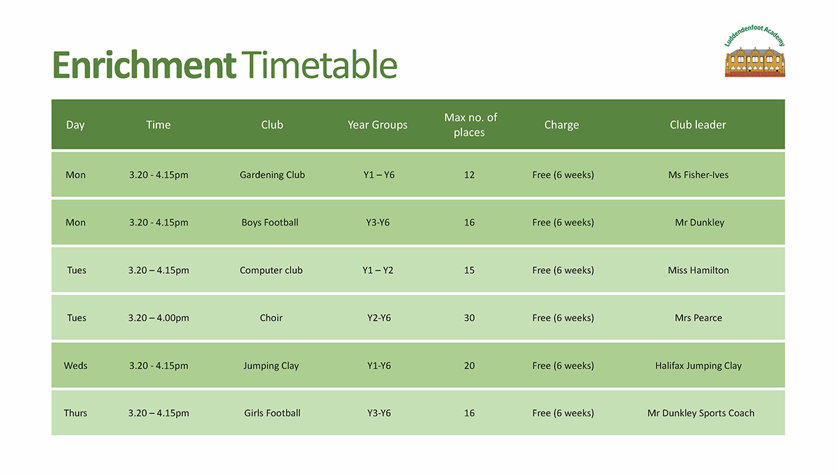 Primary Enrichment Timetable